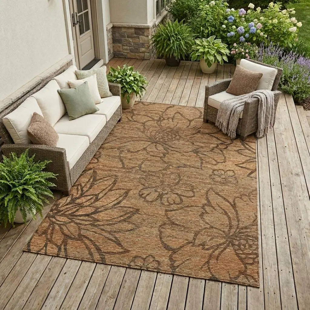 10' X 14' Copper And Orange Floral Washable Indoor Outdoor Area Rug Homeroots Outdoor