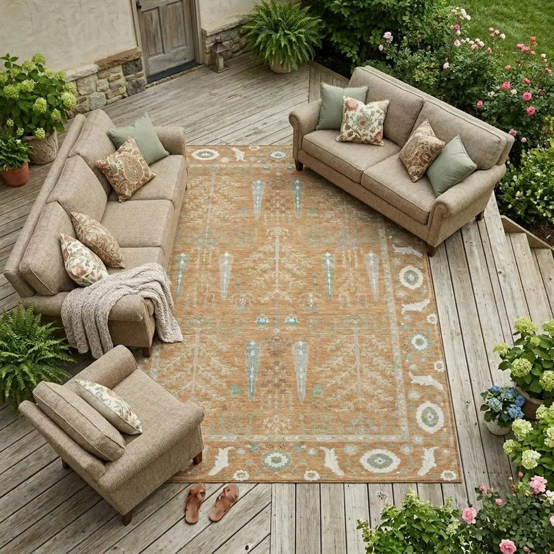 10' X 14' Copper And Orange Oriental Washable Indoor Outdoor Area Rug Homeroots Outdoor