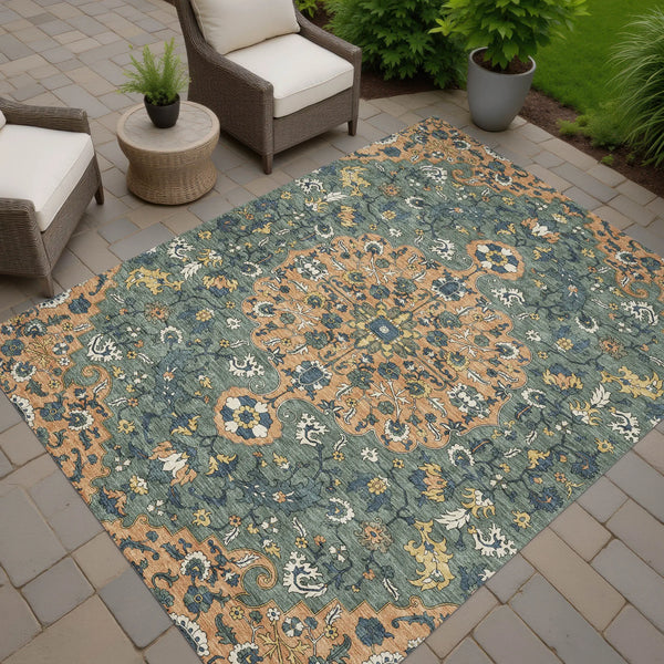 10' X 14' Copper And Sage Floral Medallion Washable Indoor Outdoor Area Rug Homeroots Outdoor