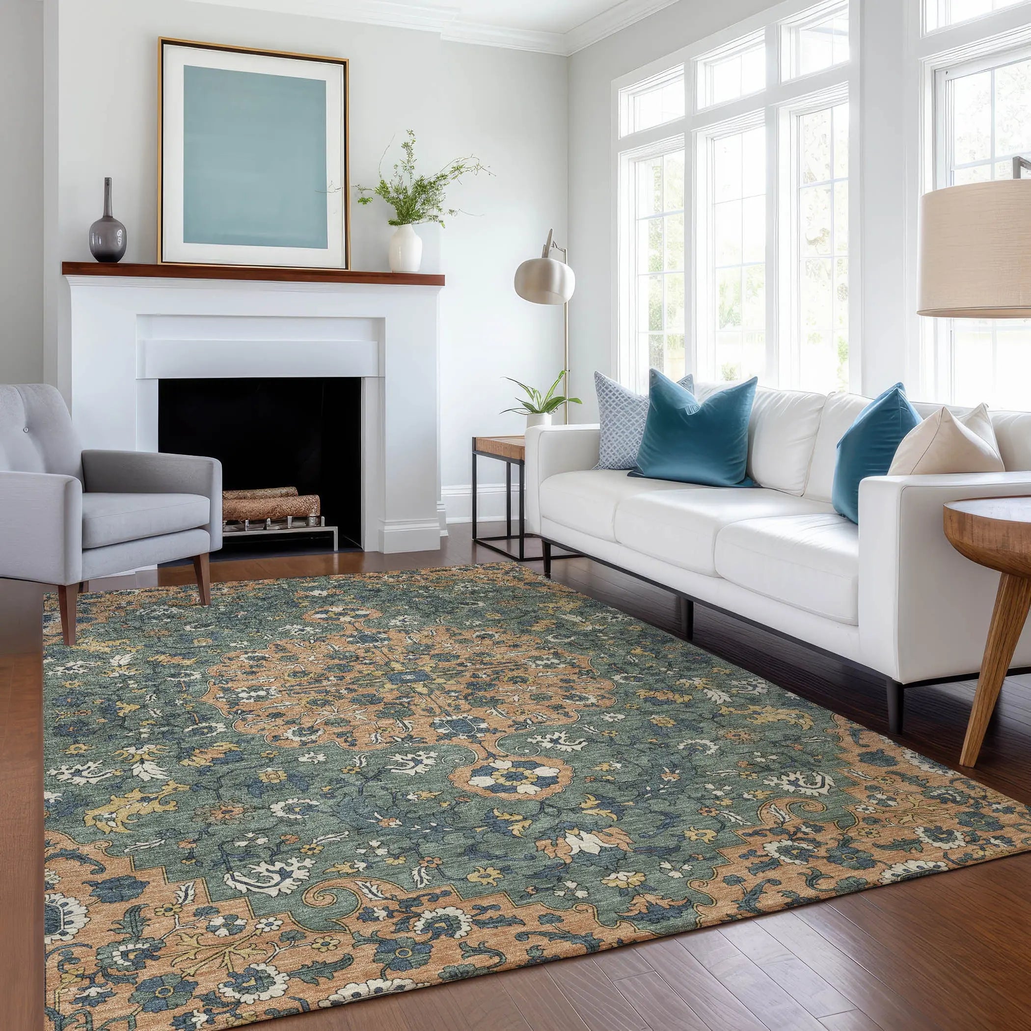 10' X 14' Copper And Sage Floral Medallion Washable Indoor Outdoor Area Rug Homeroots Outdoor