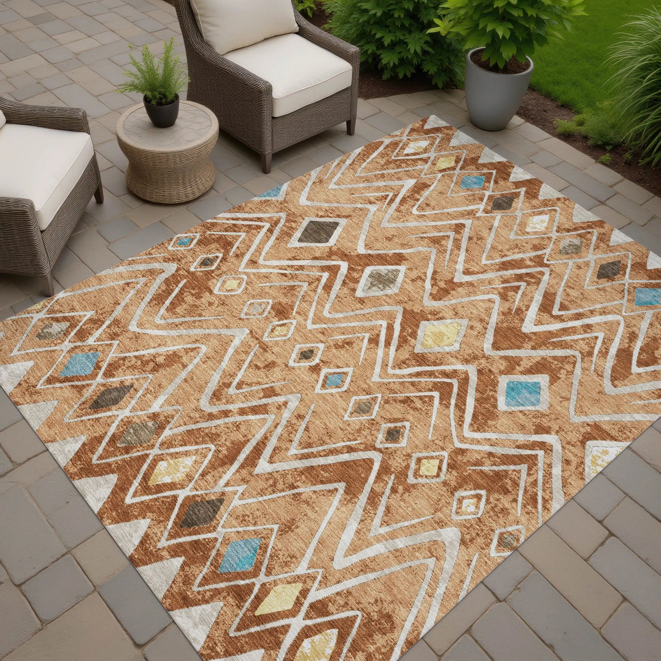 10' X 14' Copper And Taupe Geometric Washable Indoor Outdoor Area Rug Homeroots Outdoor