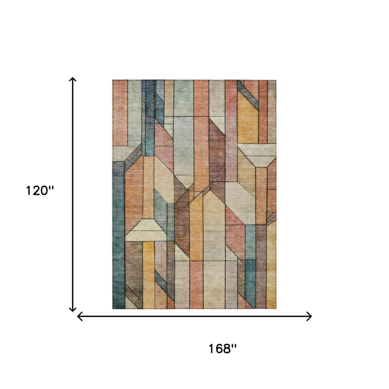 10' X 14' Coral And Orange Geometric Washable Indoor Outdoor Area Rug Homeroots Outdoor