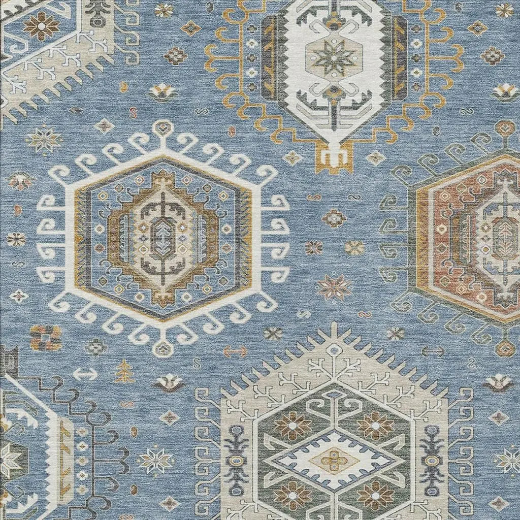 10' X 14' Denim Blue And Beige Tribal Washable Indoor Outdoor Area Rug Homeroots Outdoor