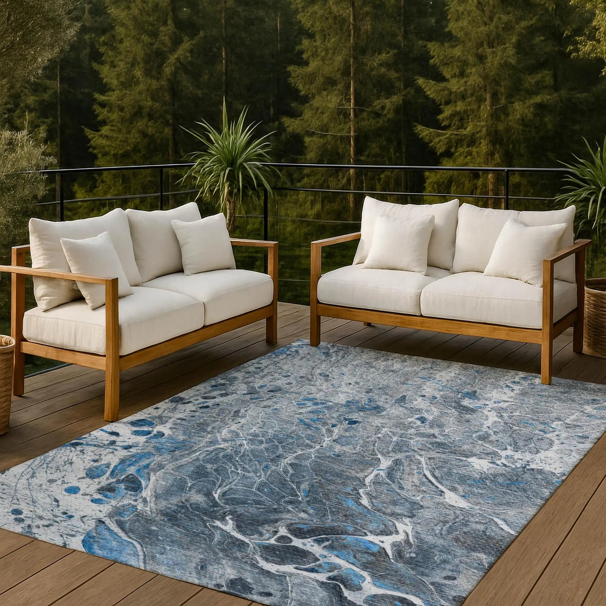 10' X 14' Denim Blue And Blue Abstract Washable Indoor Outdoor Area Rug Homeroots Outdoor