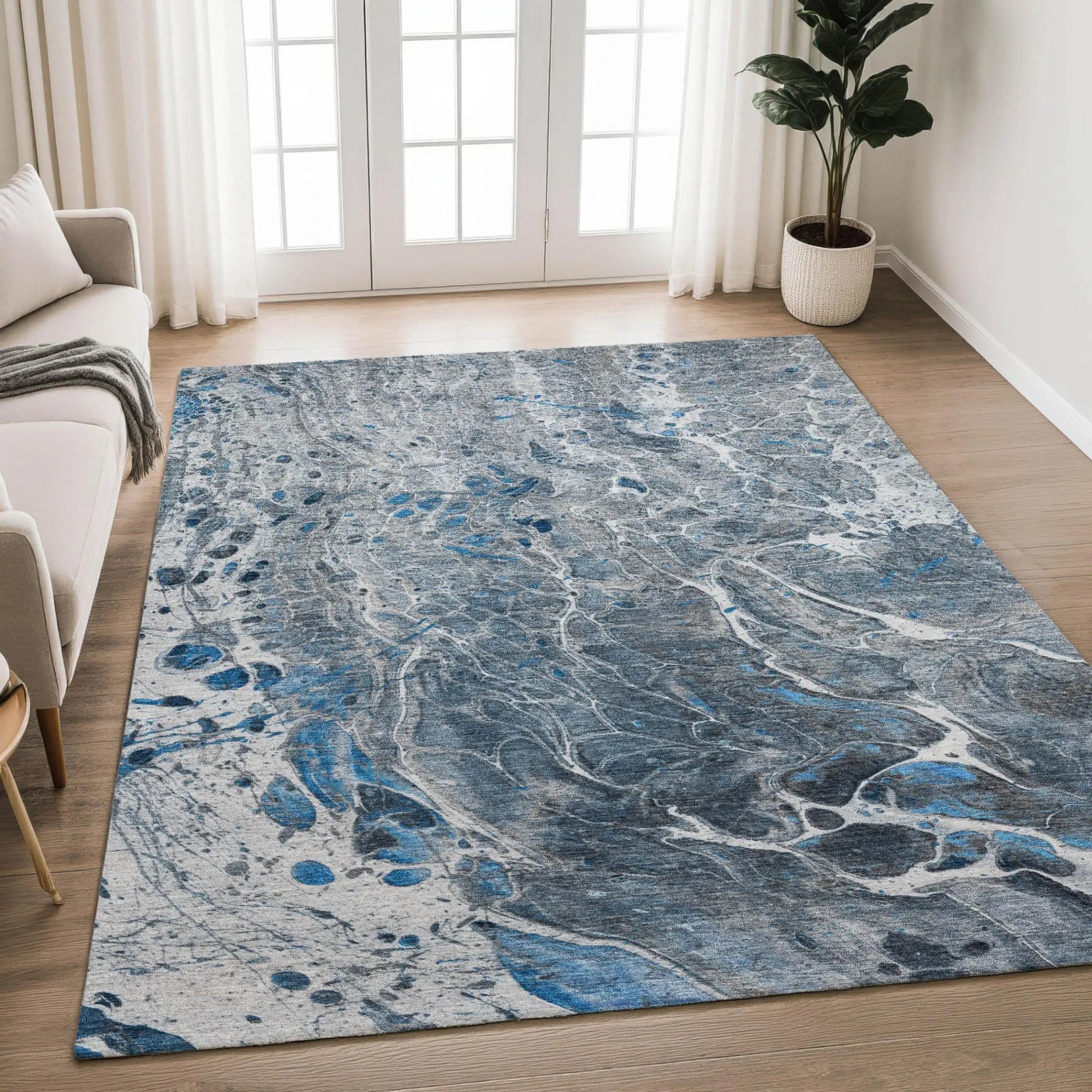 10' X 14' Denim Blue And Blue Abstract Washable Indoor Outdoor Area Rug Homeroots Outdoor