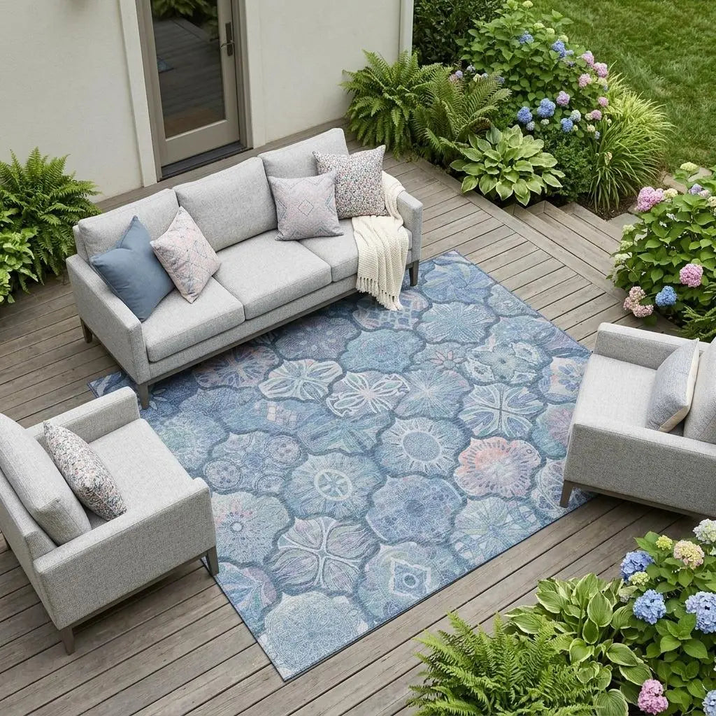 10' X 14' Denim Blue And Blue Ogee Washable Indoor Outdoor Area Rug Homeroots Outdoor