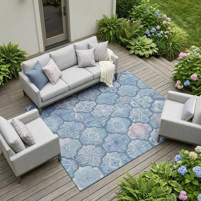 10' X 14' Denim Blue And Blue Ogee Washable Indoor Outdoor Area Rug Homeroots Outdoor