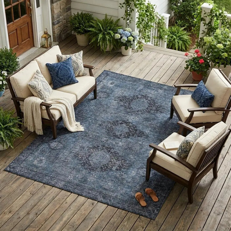 10' X 14' Denim Blue And Blue Oriental Washable Indoor Outdoor Area Rug Homeroots Outdoor