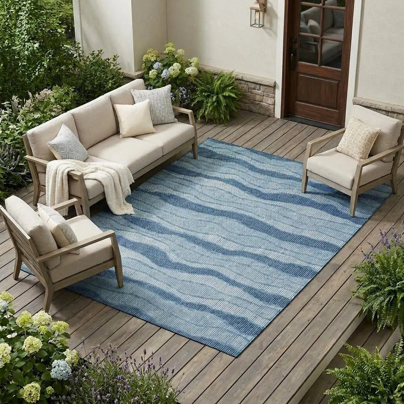 10' X 14' Denim Blue And Blue Striped Washable Indoor Outdoor Area Rug Homeroots Outdoor