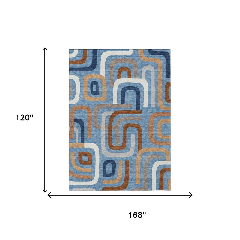 10' X 14' Denim Blue And Copper Geometric Washable Indoor Outdoor Area Rug Homeroots Outdoor