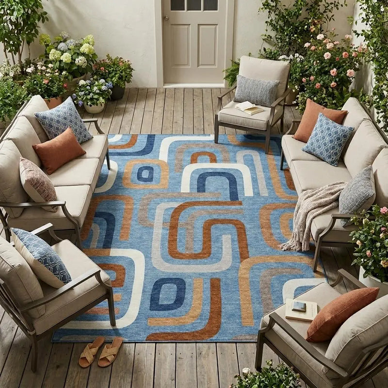 10' X 14' Denim Blue And Copper Geometric Washable Indoor Outdoor Area Rug Homeroots Outdoor