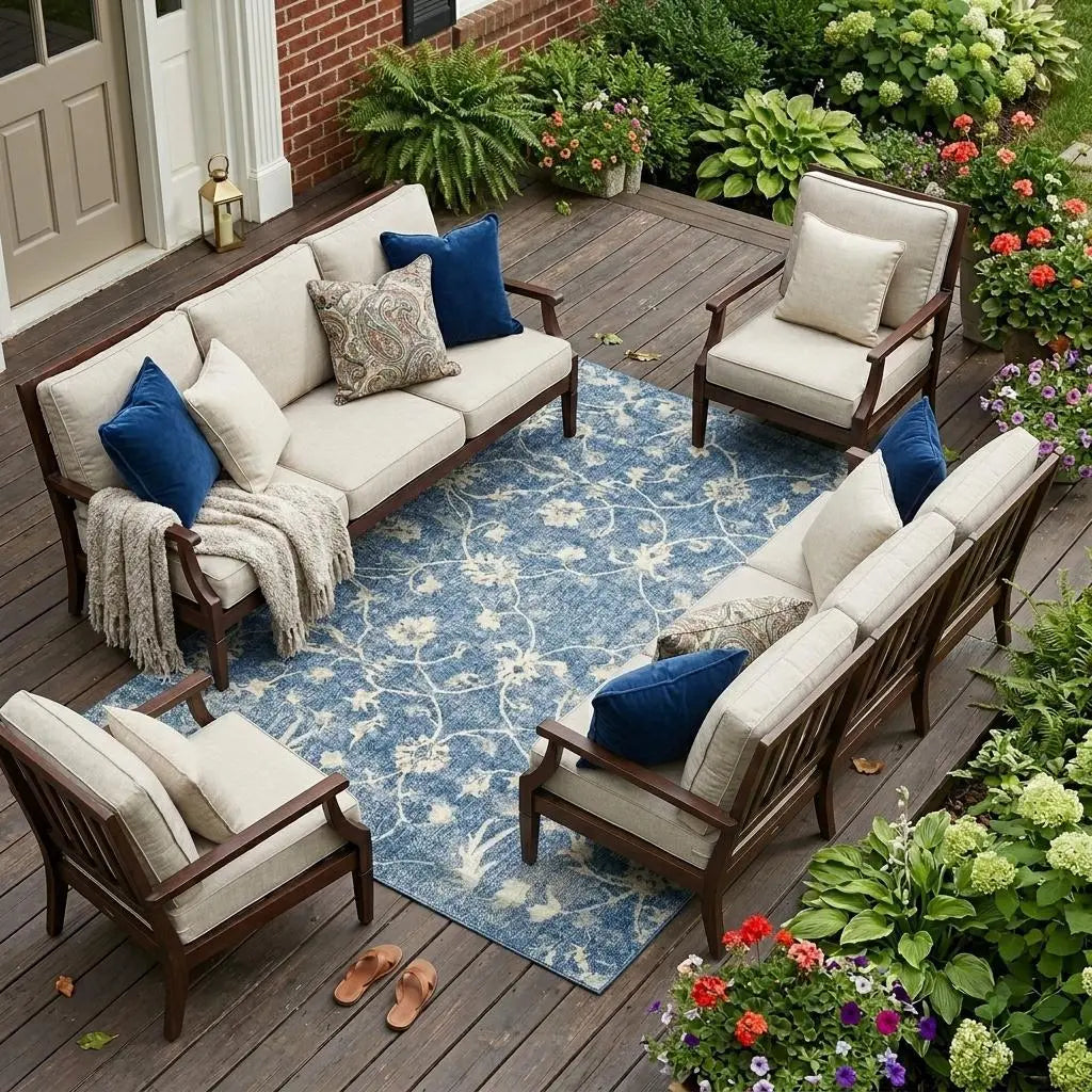 10' X 14' Denim Blue And Ivory Floral Medallion Washable Indoor Outdoor Area Rug Homeroots Outdoor
