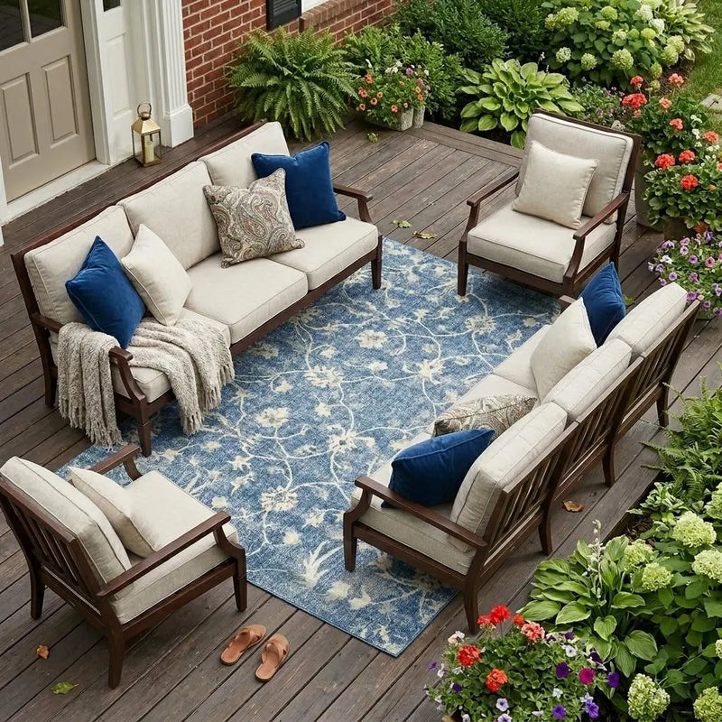 10' X 14' Denim Blue And Ivory Floral Medallion Washable Indoor Outdoor Area Rug Homeroots Outdoor