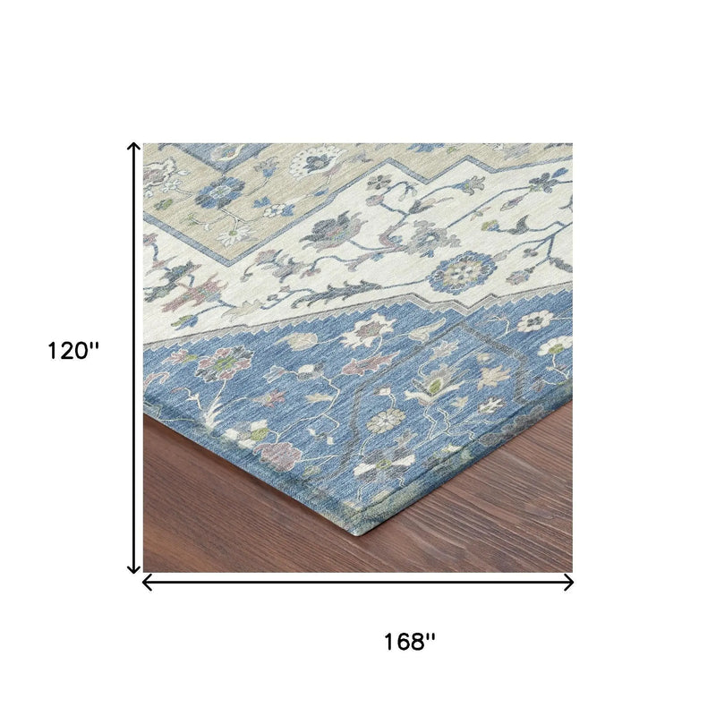 10' X 14' Denim Blue And Ivory Floral Medallion Washable Indoor Outdoor Area Rug Homeroots Outdoor