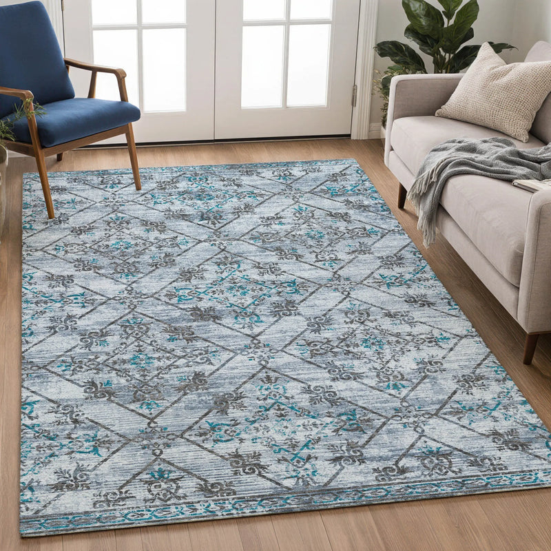 10' X 14' Denim Blue And Ivory Geometric Washable Indoor Outdoor Area Rug Homeroots Outdoor