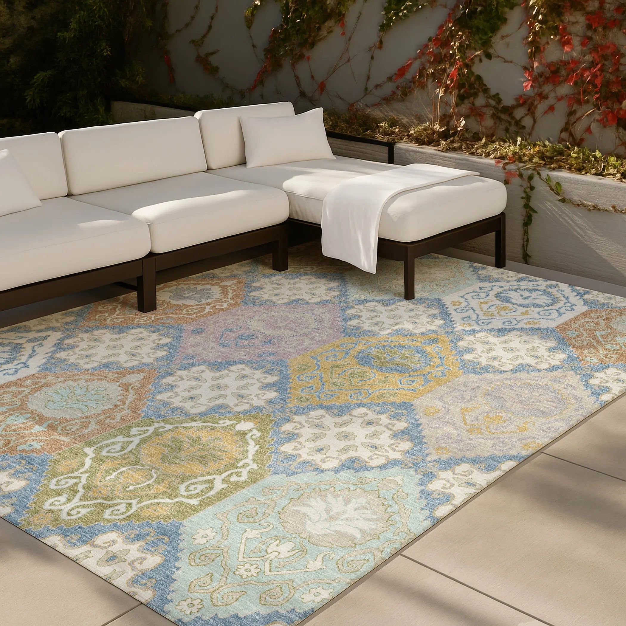 10' X 14' Denim Blue And Ivory Geometric Washable Indoor Outdoor Area Rug Homeroots Outdoor