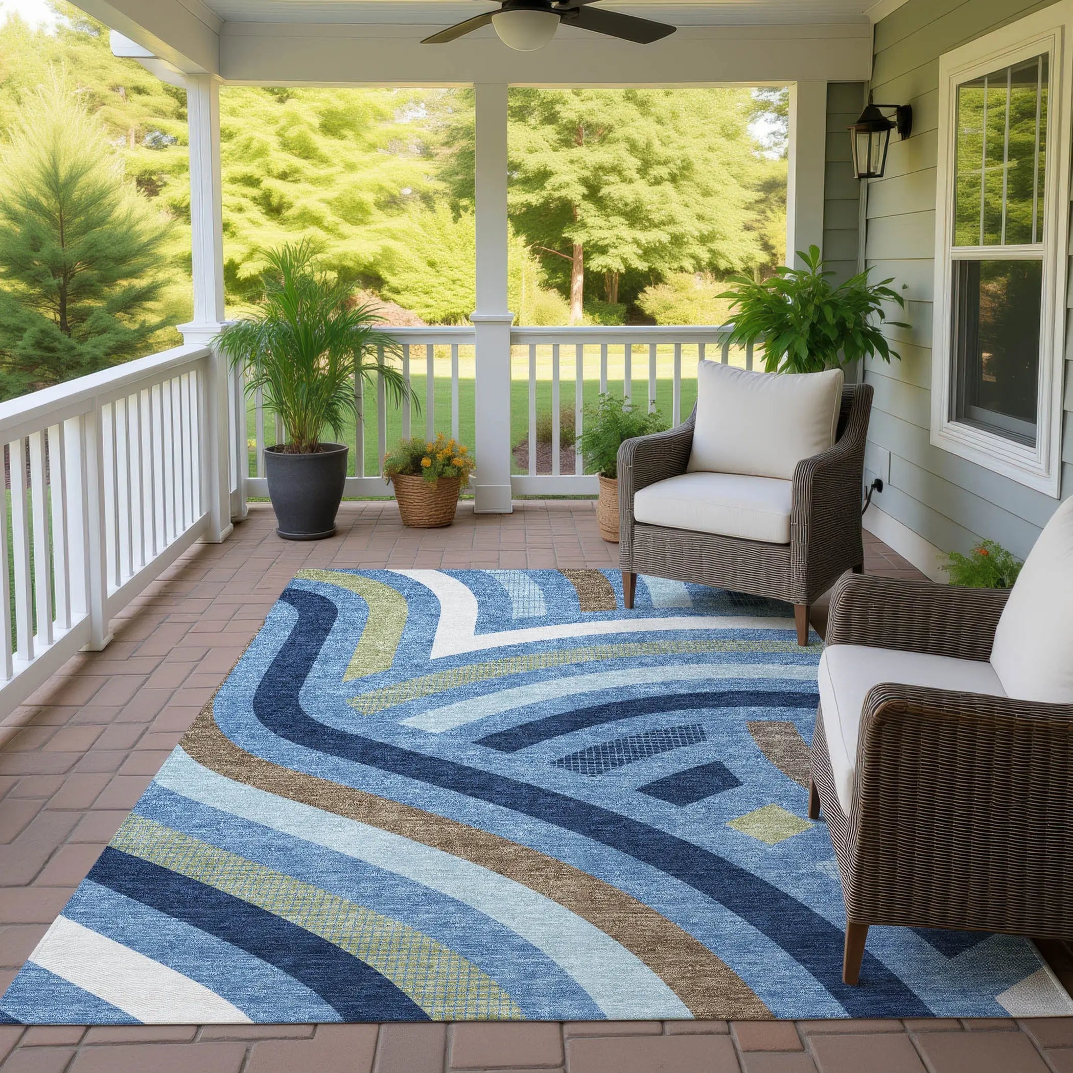 10' X 14' Denim Blue And Navy Blue Abstract Washable Indoor Outdoor Area Rug Homeroots Outdoor