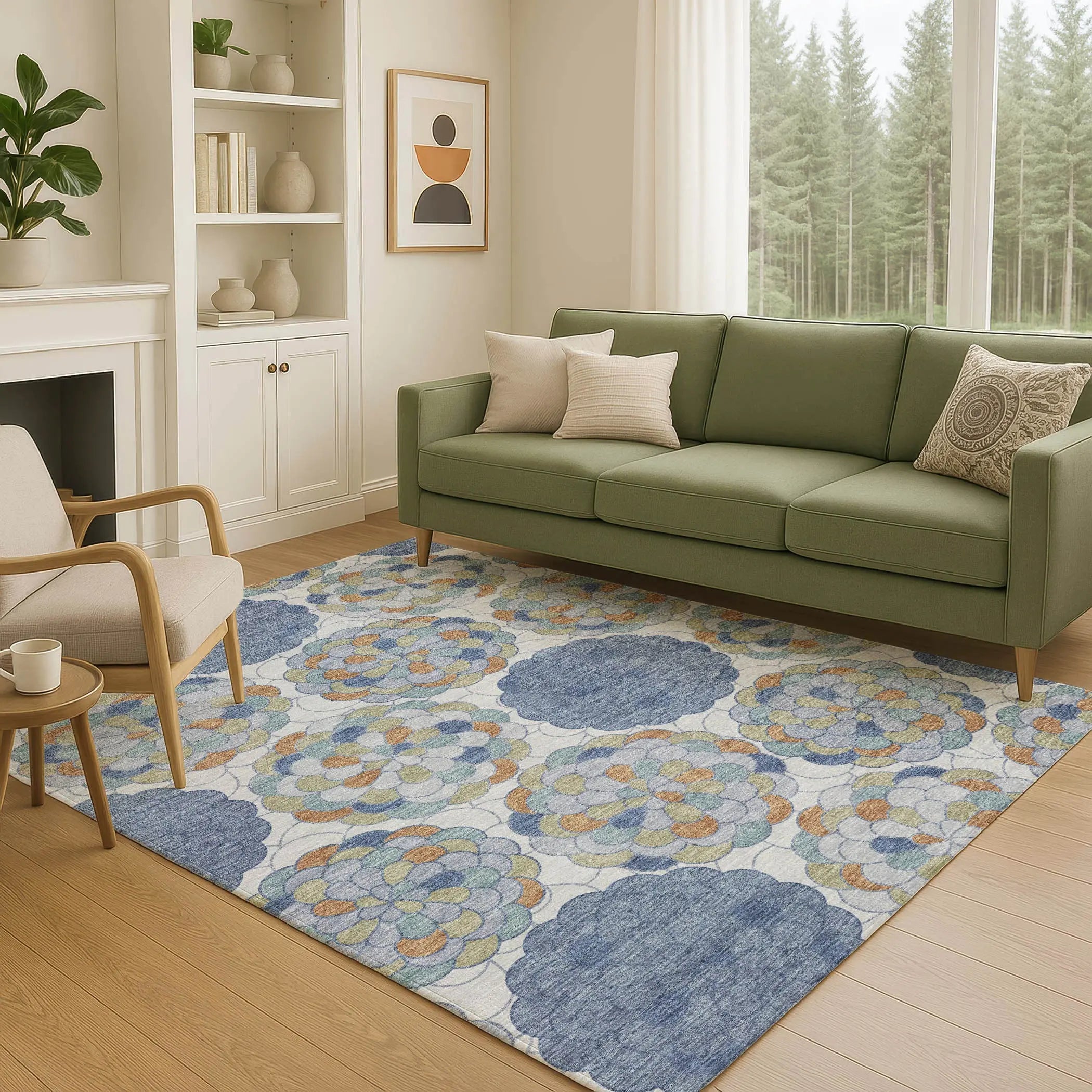 10' X 14' Denim Blue And Silver Floral Washable Indoor Outdoor Area Rug Homeroots Outdoor