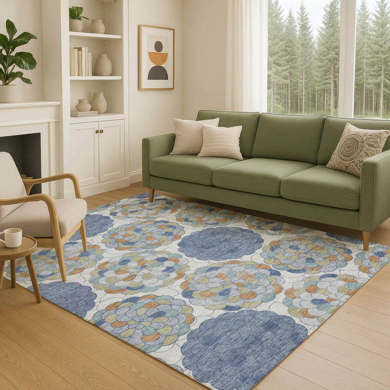 10' X 14' Denim Blue And Silver Floral Washable Indoor Outdoor Area Rug Homeroots Outdoor