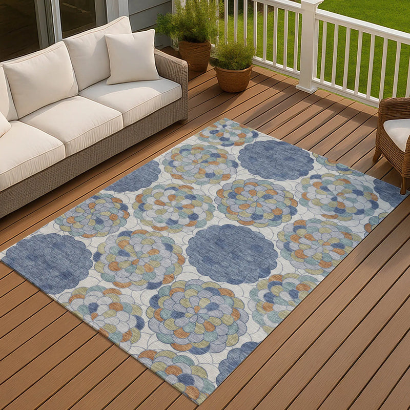 10' X 14' Denim Blue And Silver Floral Washable Indoor Outdoor Area Rug Homeroots Outdoor
