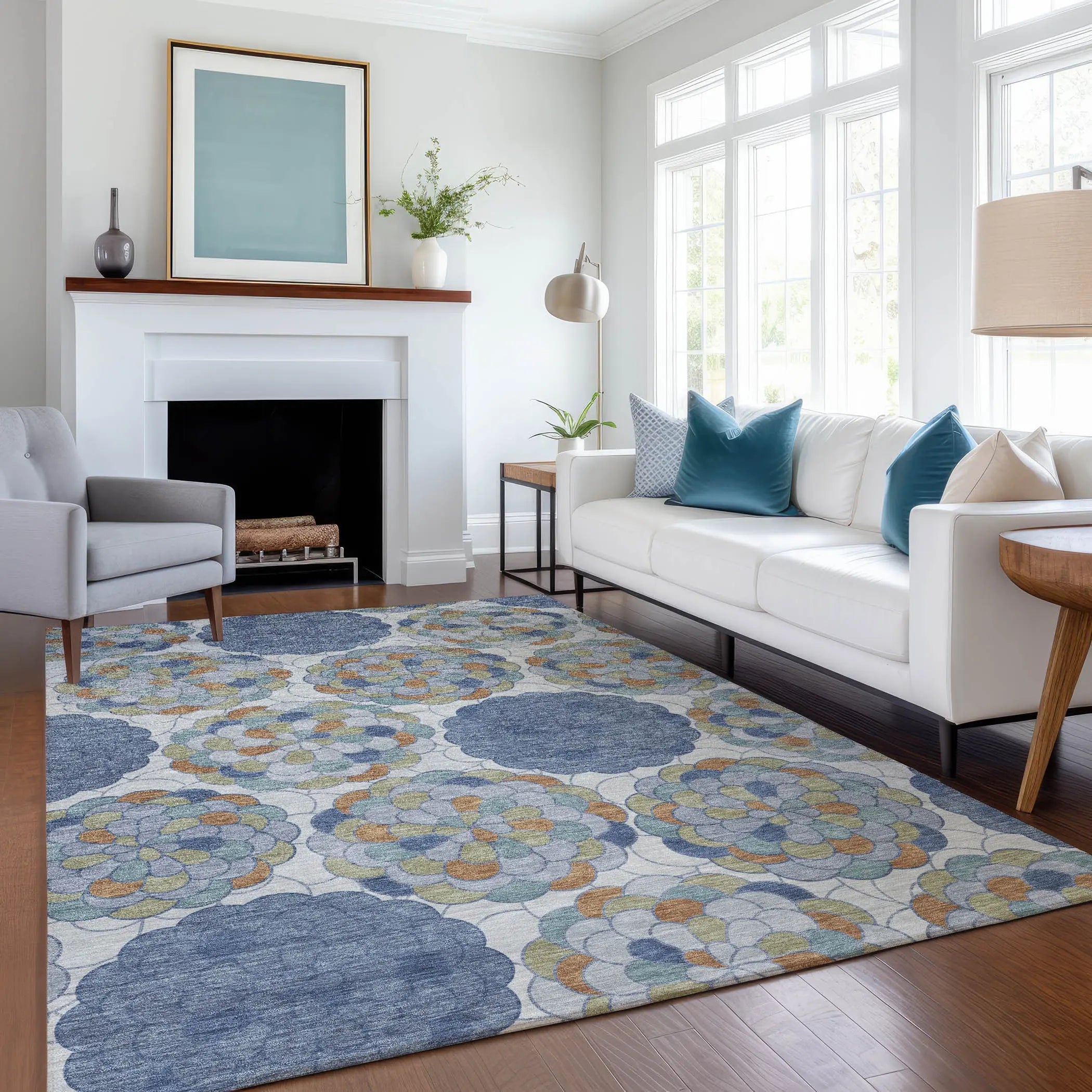 10' X 14' Denim Blue And Silver Floral Washable Indoor Outdoor Area Rug Homeroots Outdoor