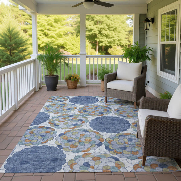 10' X 14' Denim Blue And Silver Floral Washable Indoor Outdoor Area Rug Homeroots Outdoor