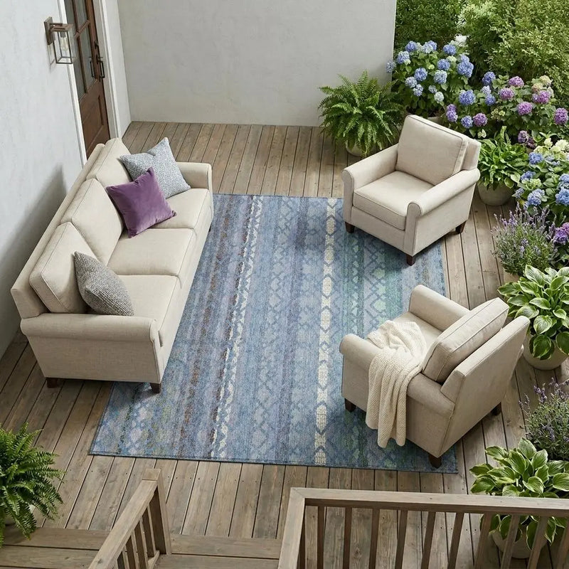 10' X 14' Denim Blue And Sky Blue Striped Washable Indoor Outdoor Area Rug Homeroots Outdoor