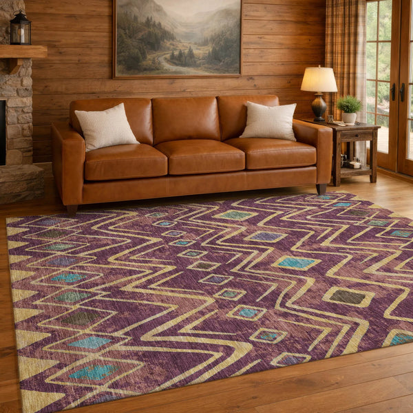 10' X 14' Eggplant And Blue Geometric Washable Indoor Outdoor Area Rug Homeroots Outdoor