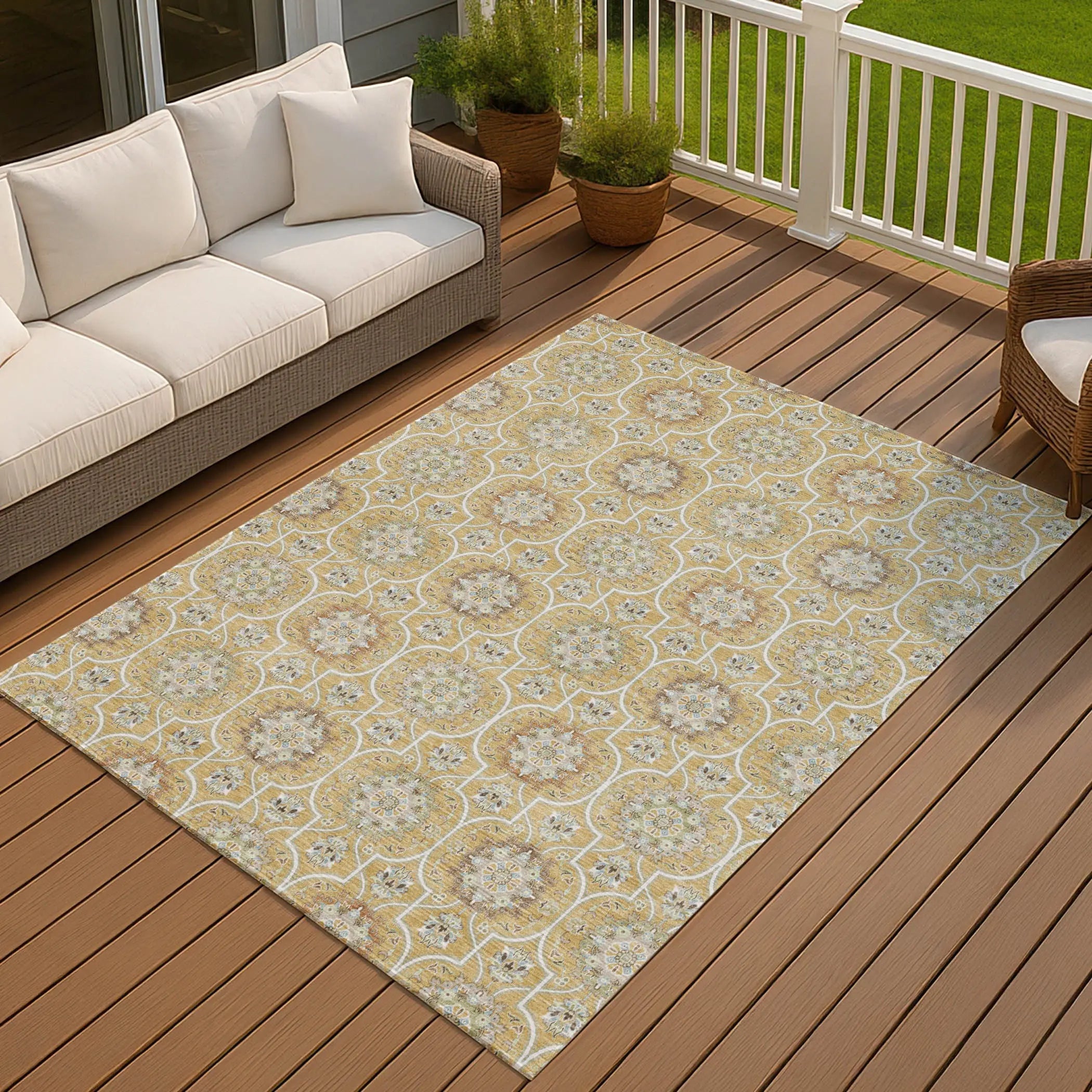 10' X 14' Gold And Beige Floral Medallion Washable Indoor Outdoor Area Rug Homeroots Outdoor
