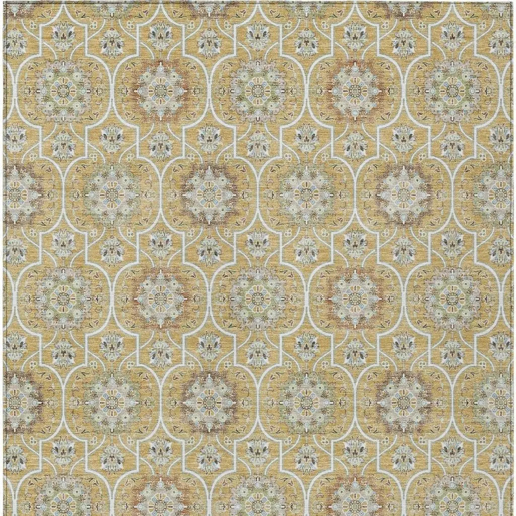 10' X 14' Gold And Beige Floral Medallion Washable Indoor Outdoor Area Rug Homeroots Outdoor