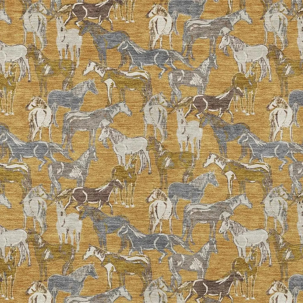 10' X 14' Gold And Beige Horse Washable Indoor Outdoor Area Rug Homeroots Outdoor