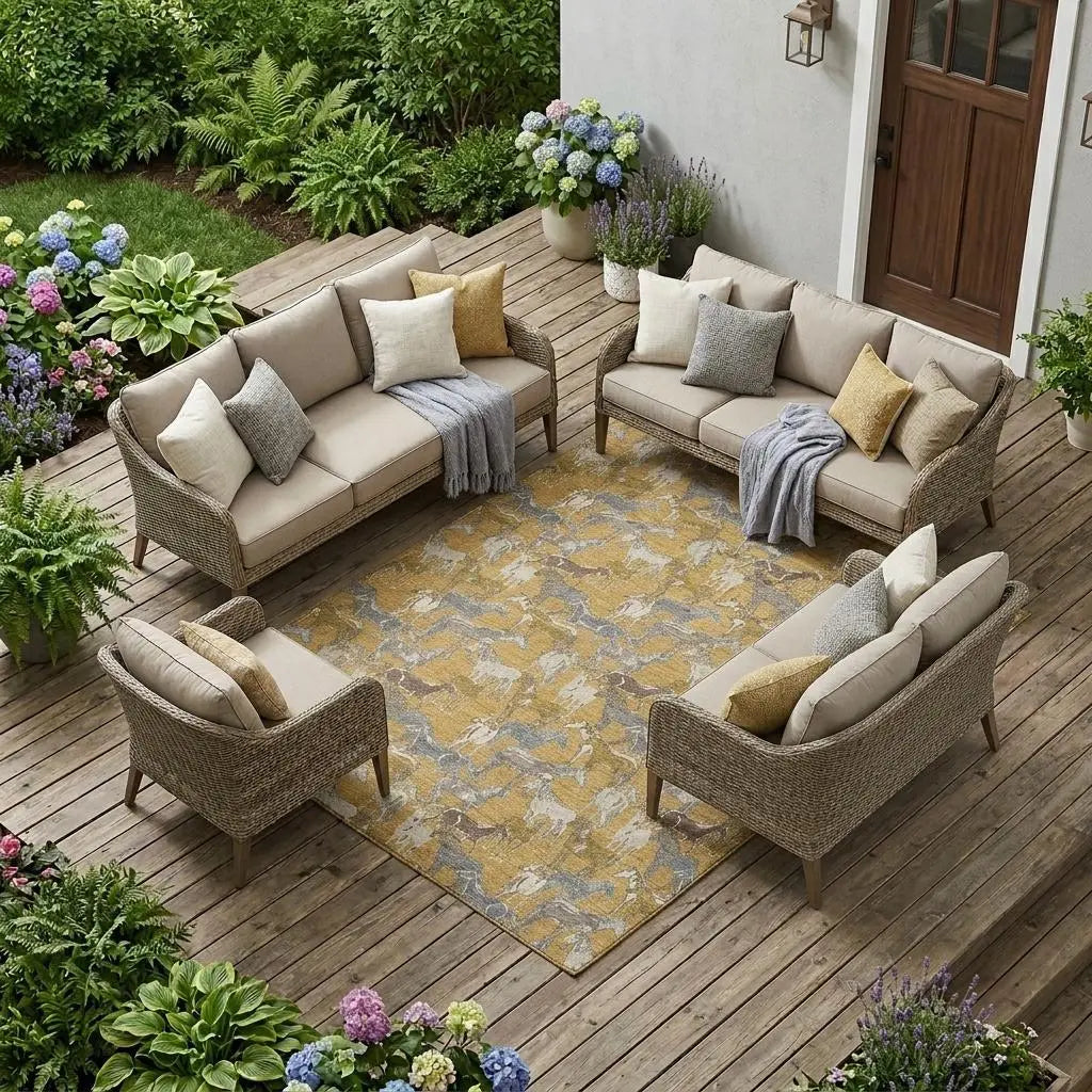 10' X 14' Gold And Beige Horse Washable Indoor Outdoor Area Rug Homeroots Outdoor