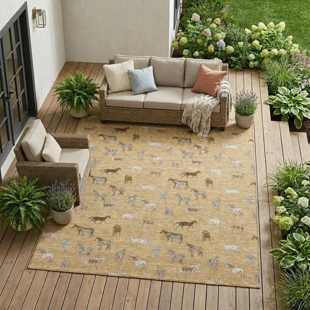 10' X 14' Gold And Beige Horse Washable Indoor Outdoor Area Rug Homeroots Outdoor