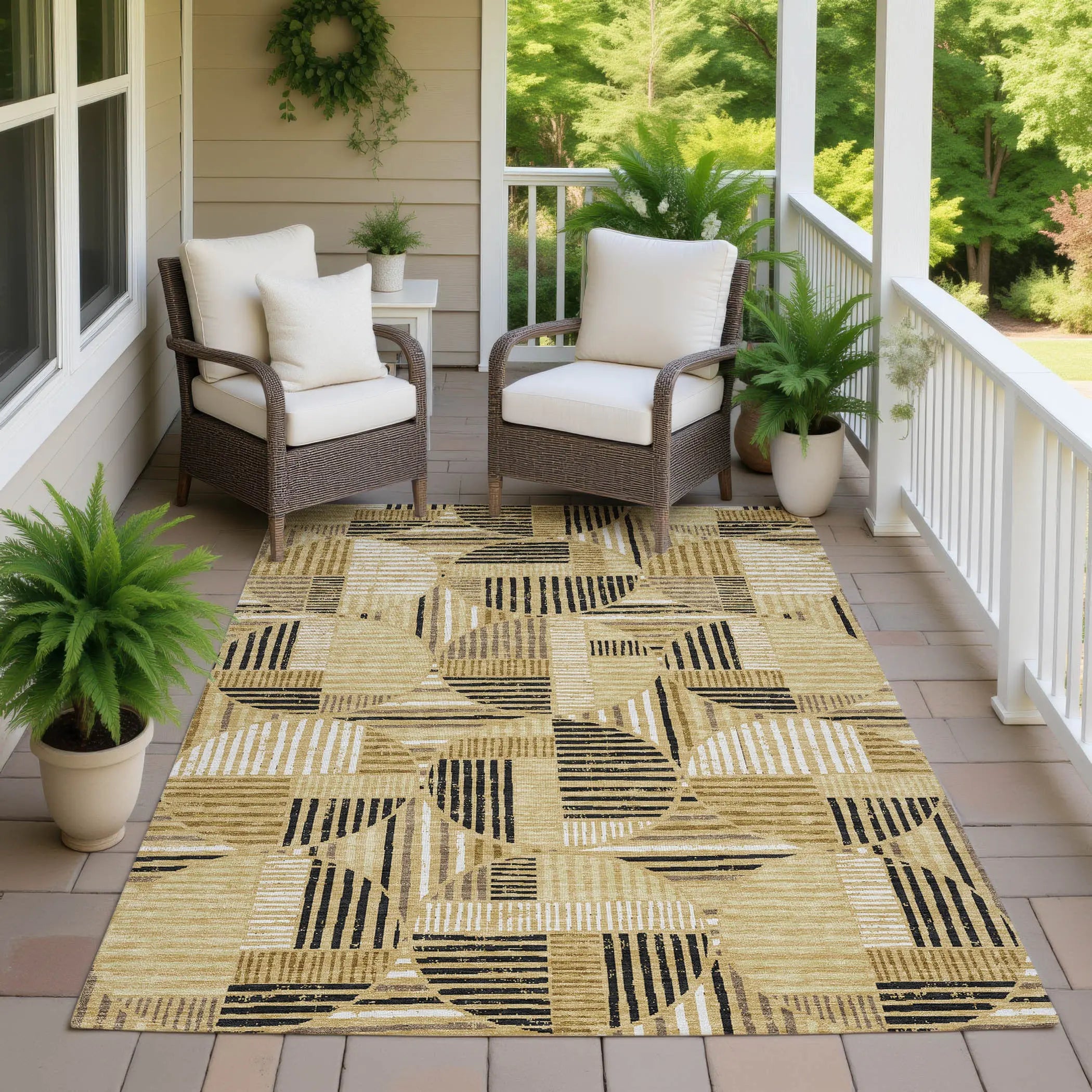 10' X 14' Gold And Blue Geometric Washable Indoor Outdoor Area Rug Homeroots Outdoor