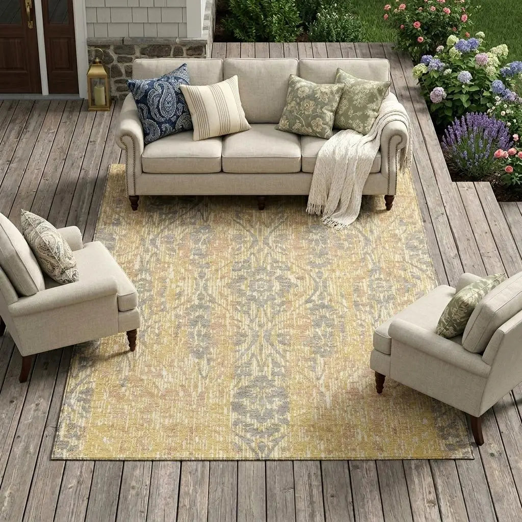 10' X 14' Gold And Brown Damask Washable Indoor Outdoor Area Rug Homeroots Outdoor