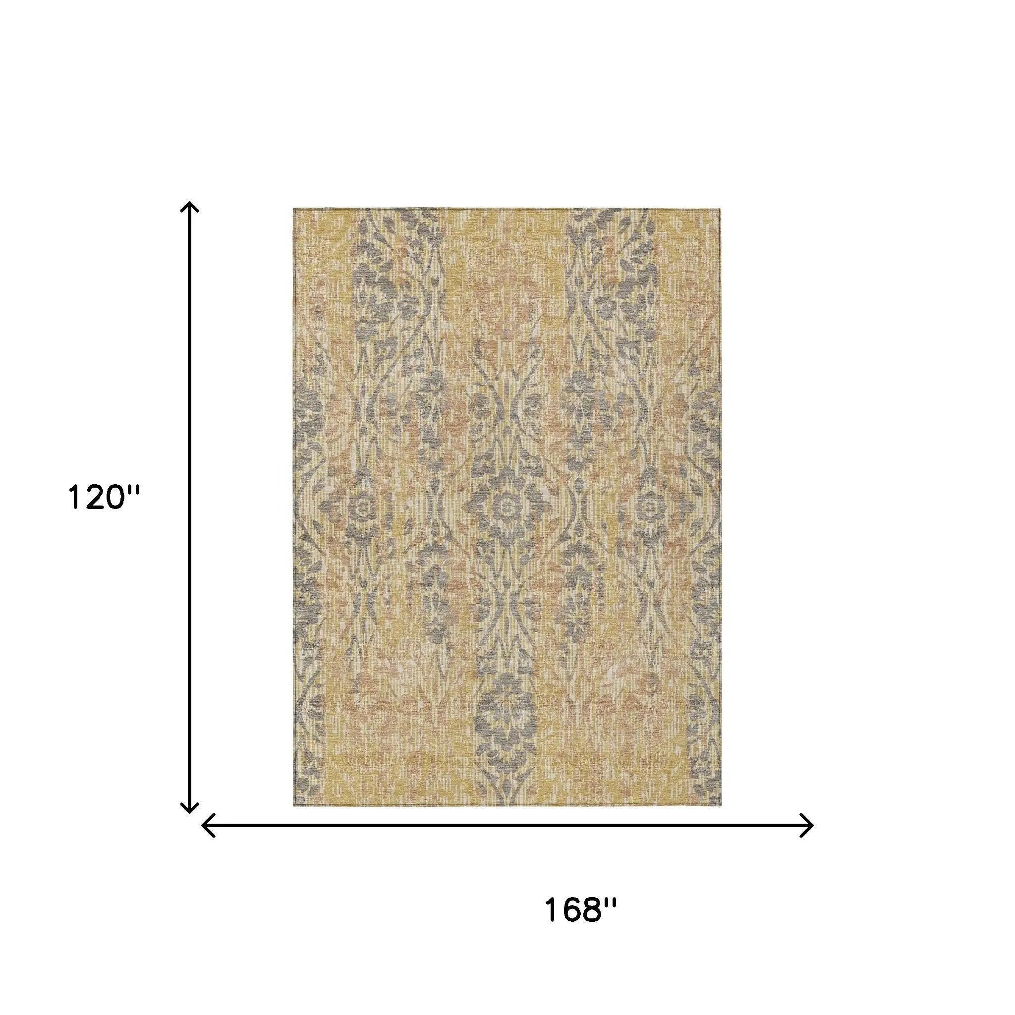 10' X 14' Gold And Brown Damask Washable Indoor Outdoor Area Rug Homeroots Outdoor