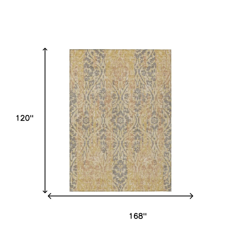 10' X 14' Gold And Brown Damask Washable Indoor Outdoor Area Rug Homeroots Outdoor