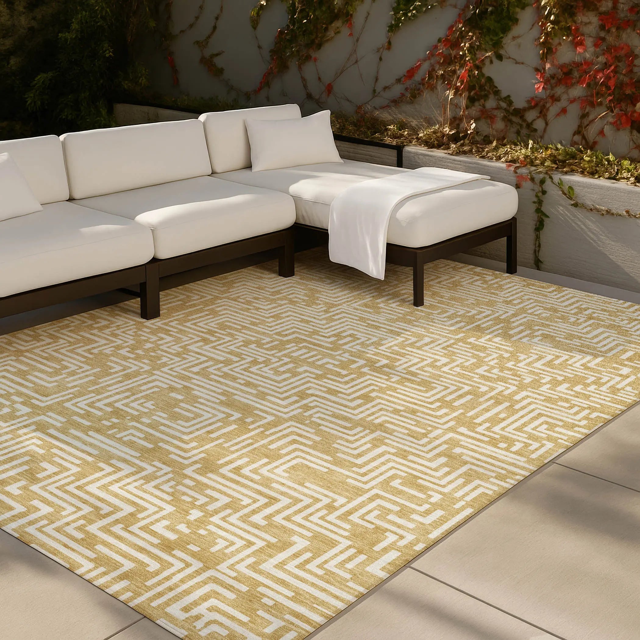 10' X 14' Gold And Brown Geometric Washable Indoor Outdoor Area Rug Homeroots Outdoor