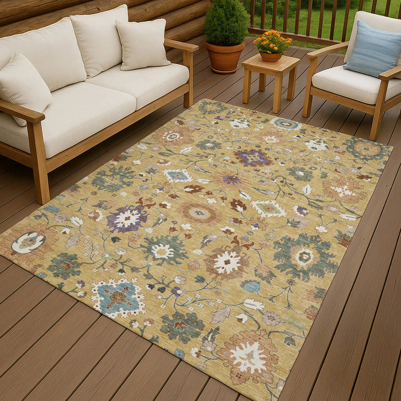 10' X 14' Gold And Copper Floral Medallion Washable Indoor Outdoor Area Rug Homeroots Outdoor