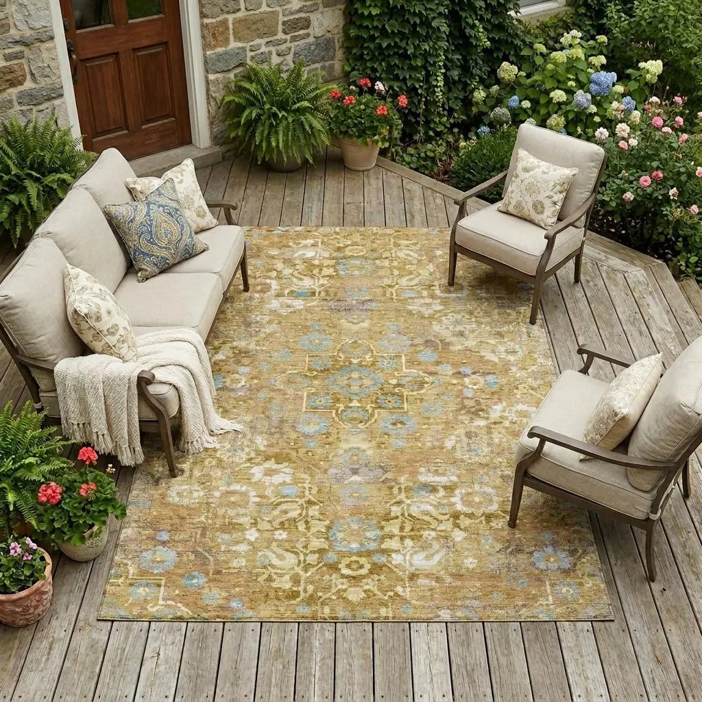 10' X 14' Gold And Copper Floral Medallion Washable Indoor Outdoor Area Rug Homeroots Outdoor