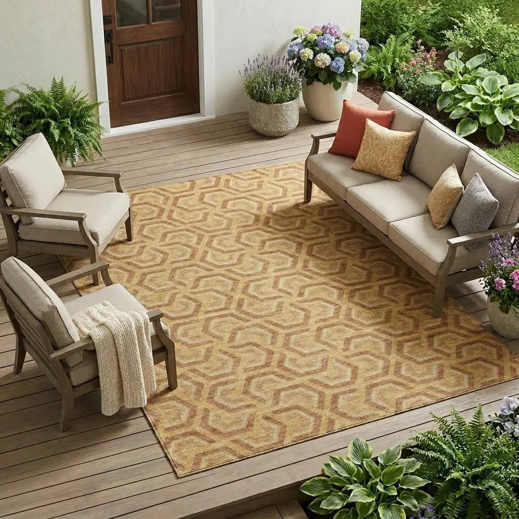 10' X 14' Gold And Copper Geometric Washable Indoor Outdoor Area Rug Homeroots Outdoor