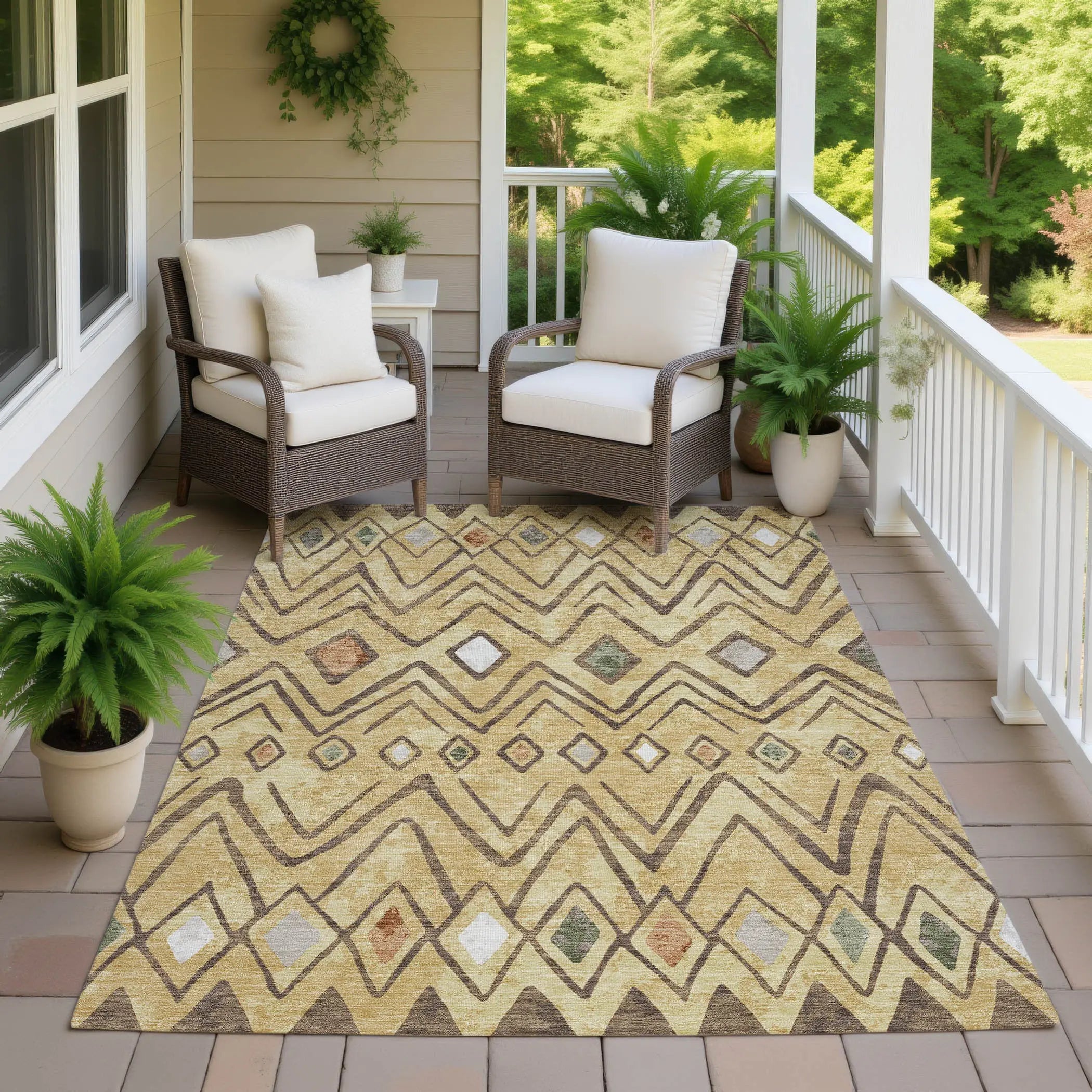 10' X 14' Gold And Green Geometric Washable Indoor Outdoor Area Rug Homeroots Outdoor