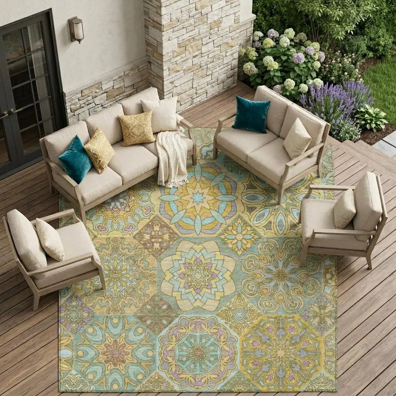 10' X 14' Gold And Green Patchwork Washable Indoor Outdoor Area Rug Homeroots Outdoor
