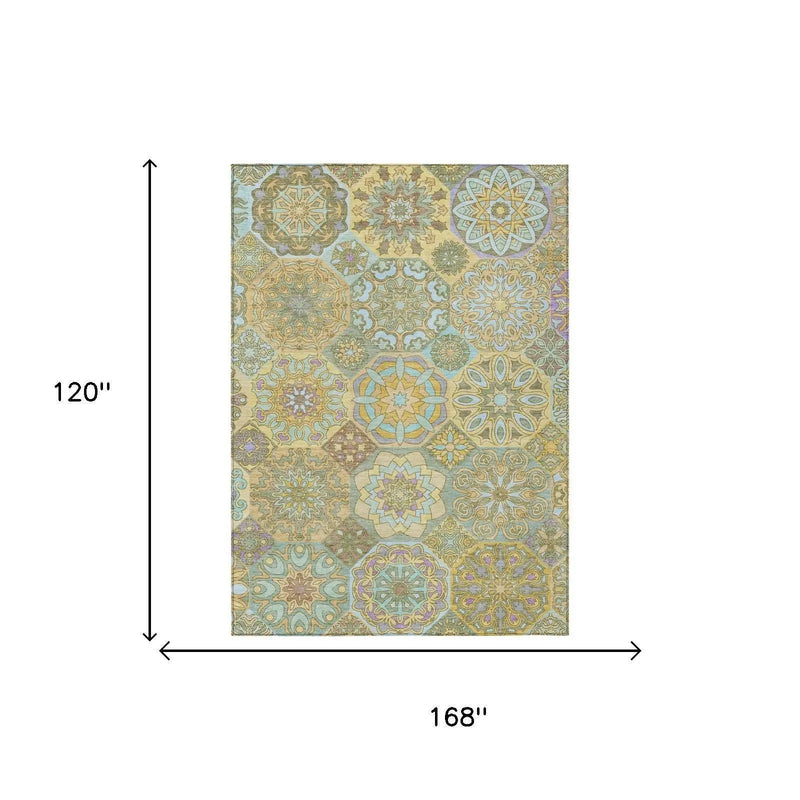10' X 14' Gold And Green Patchwork Washable Indoor Outdoor Area Rug Homeroots Outdoor
