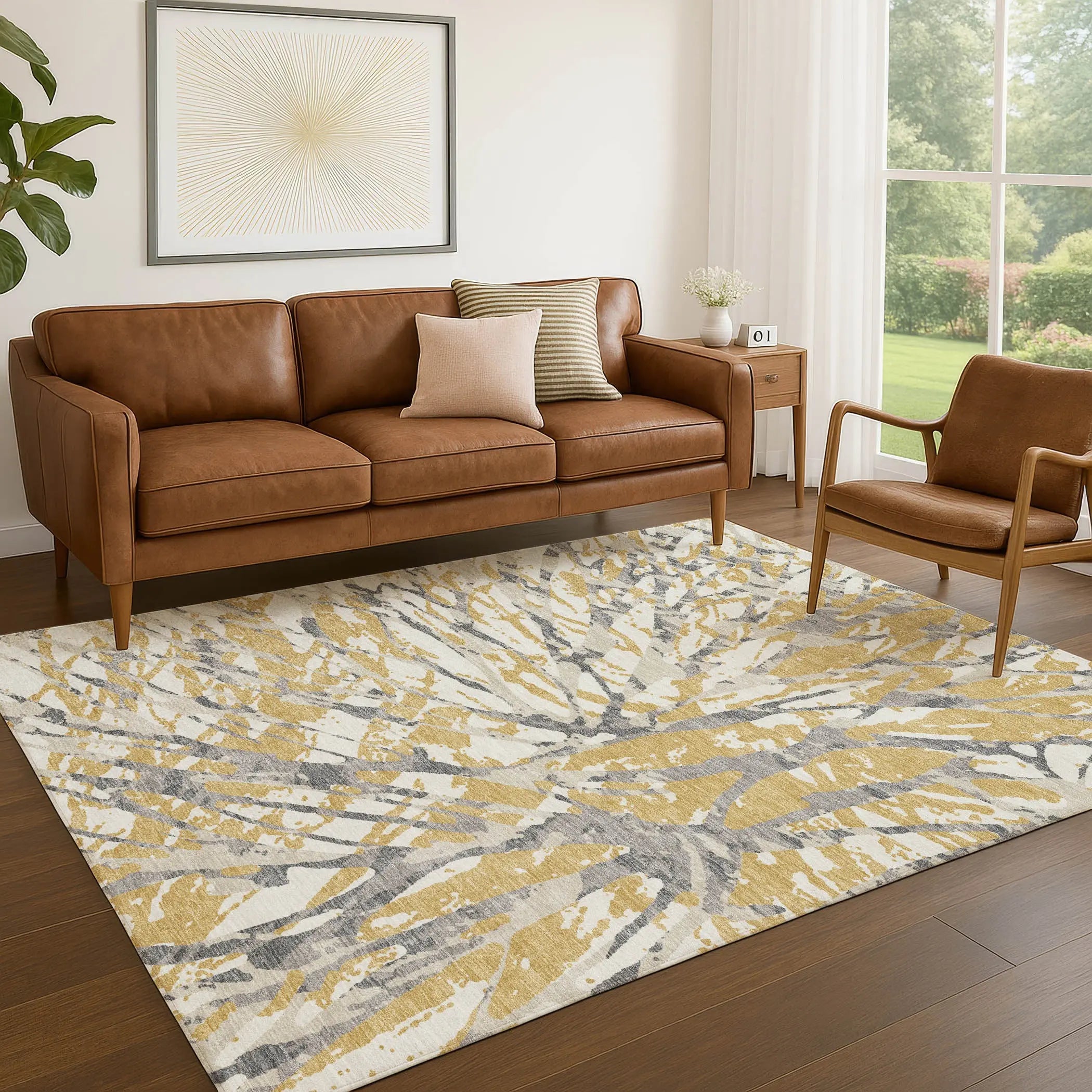 10' X 14' Gold And Ivory Abstract Washable Indoor Outdoor Area Rug Homeroots Outdoor