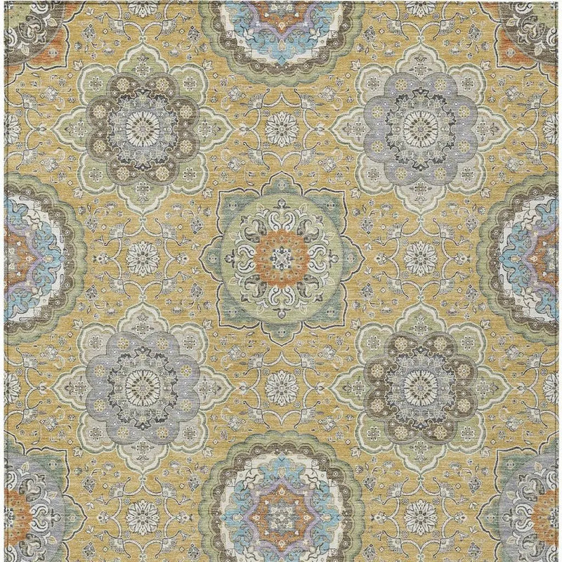 10' X 14' Gold And Ivory Floral Medallion Washable Indoor Outdoor Area Rug Homeroots Outdoor