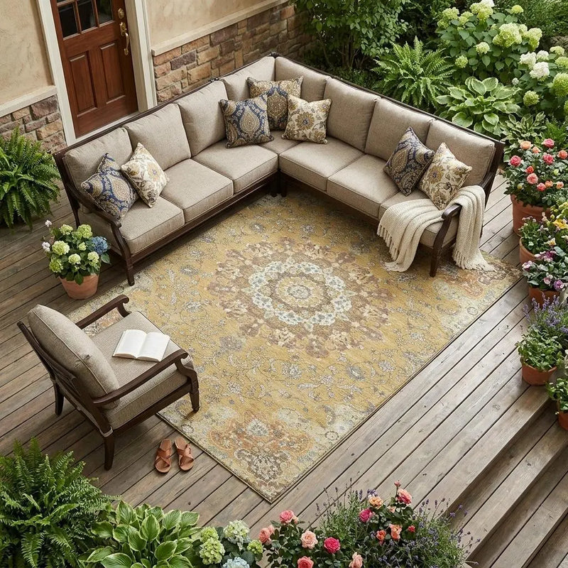 10' X 14' Gold And Ivory Floral Medallion Washable Indoor Outdoor Area Rug Homeroots Outdoor