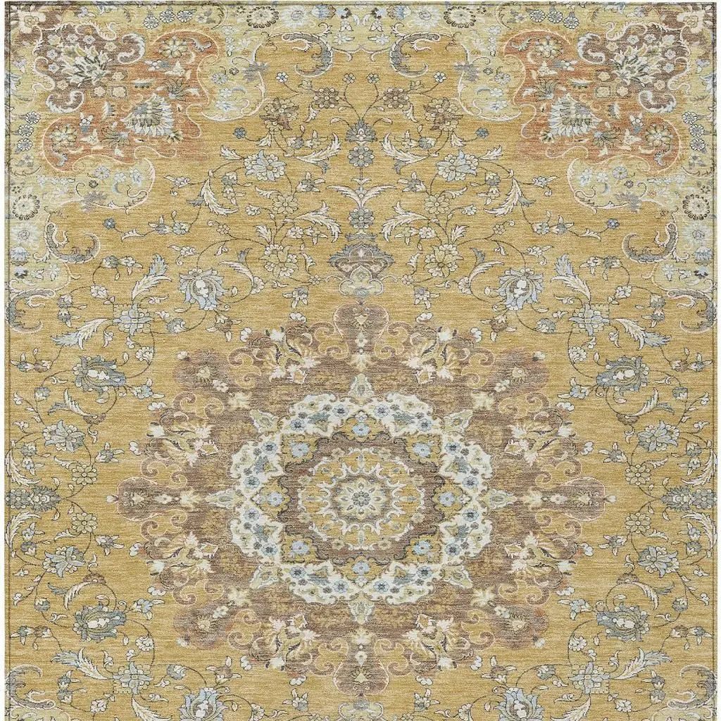 10' X 14' Gold And Ivory Floral Medallion Washable Indoor Outdoor Area Rug Homeroots Outdoor