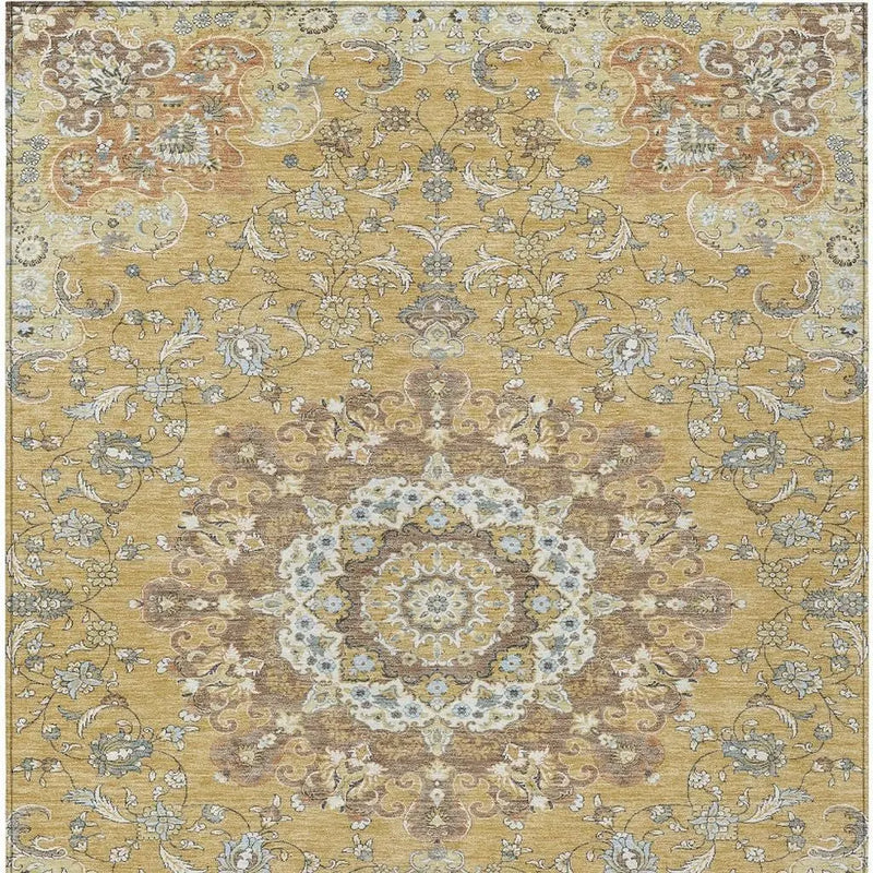 10' X 14' Gold And Ivory Floral Medallion Washable Indoor Outdoor Area Rug Homeroots Outdoor