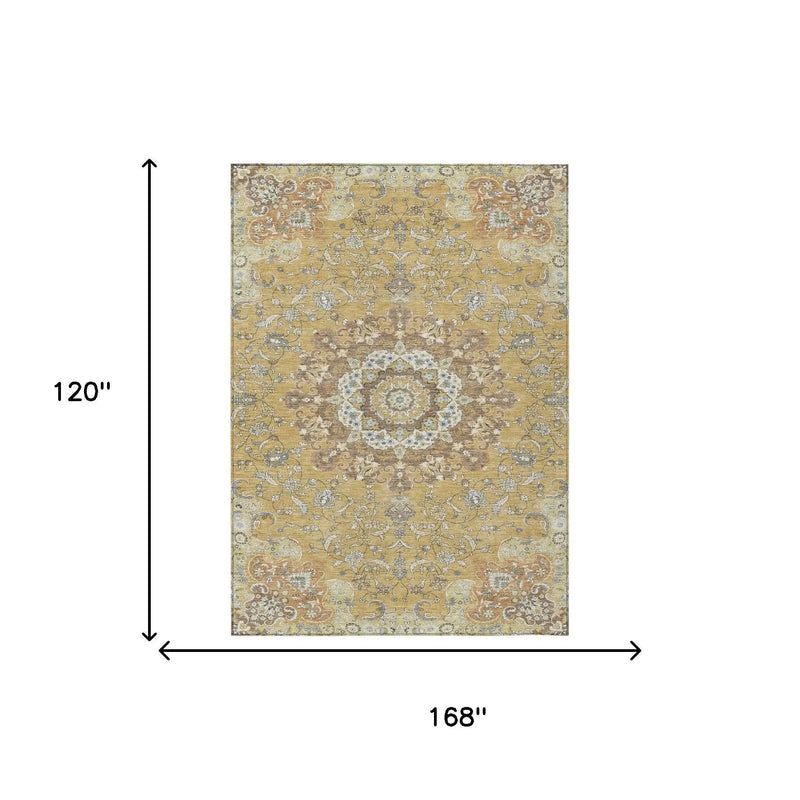 10' X 14' Gold And Ivory Floral Medallion Washable Indoor Outdoor Area Rug Homeroots Outdoor